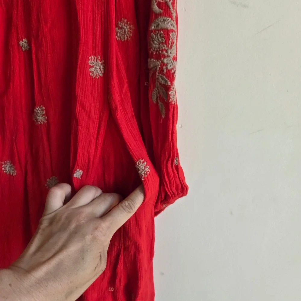 Free People XS Mini Dress Womens Red Good Embroidered V-Neck Boho Pockets
